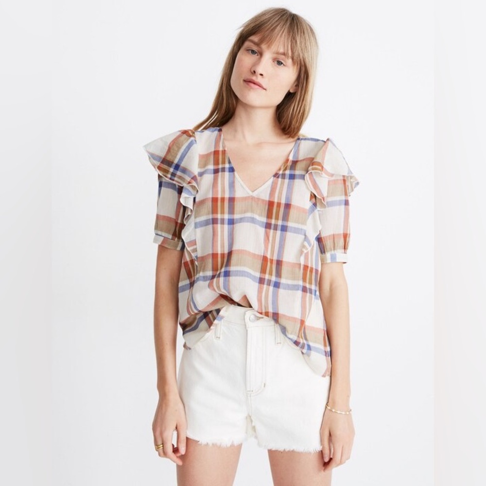 Madewell 100% Cotton V-Neck Shoulder-Ruffle Blouse Top XS White Tan Blue Plaid